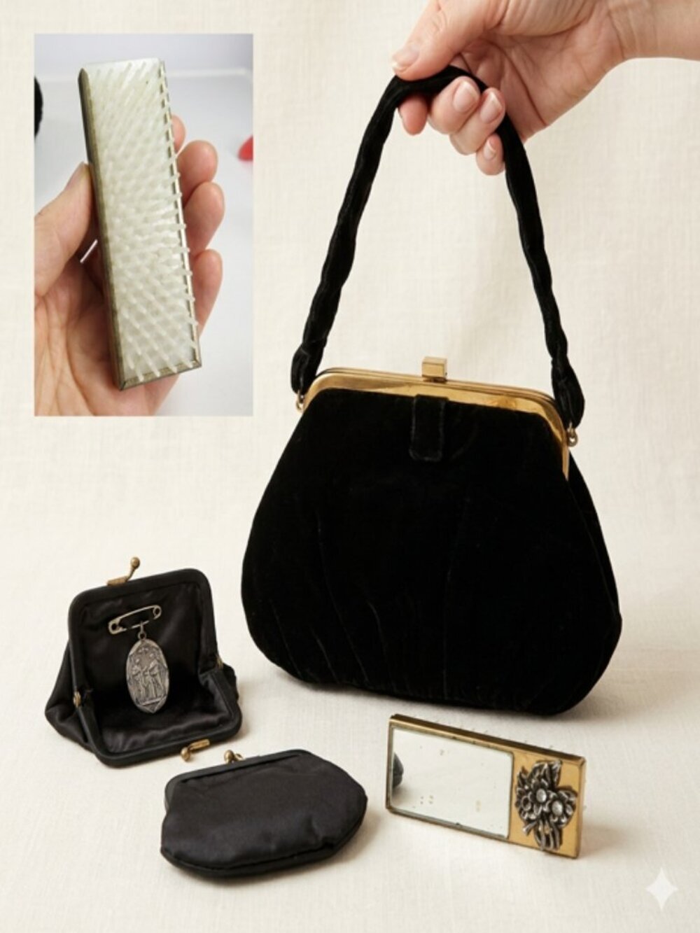 Vintage Black Velvet Kiss-Lock Clutch Purse, satin change & Jeweled Mirror Brush